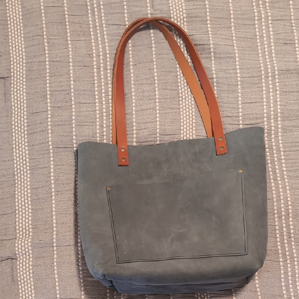 Portland Leather Gray Tote Bag with Tan Straps